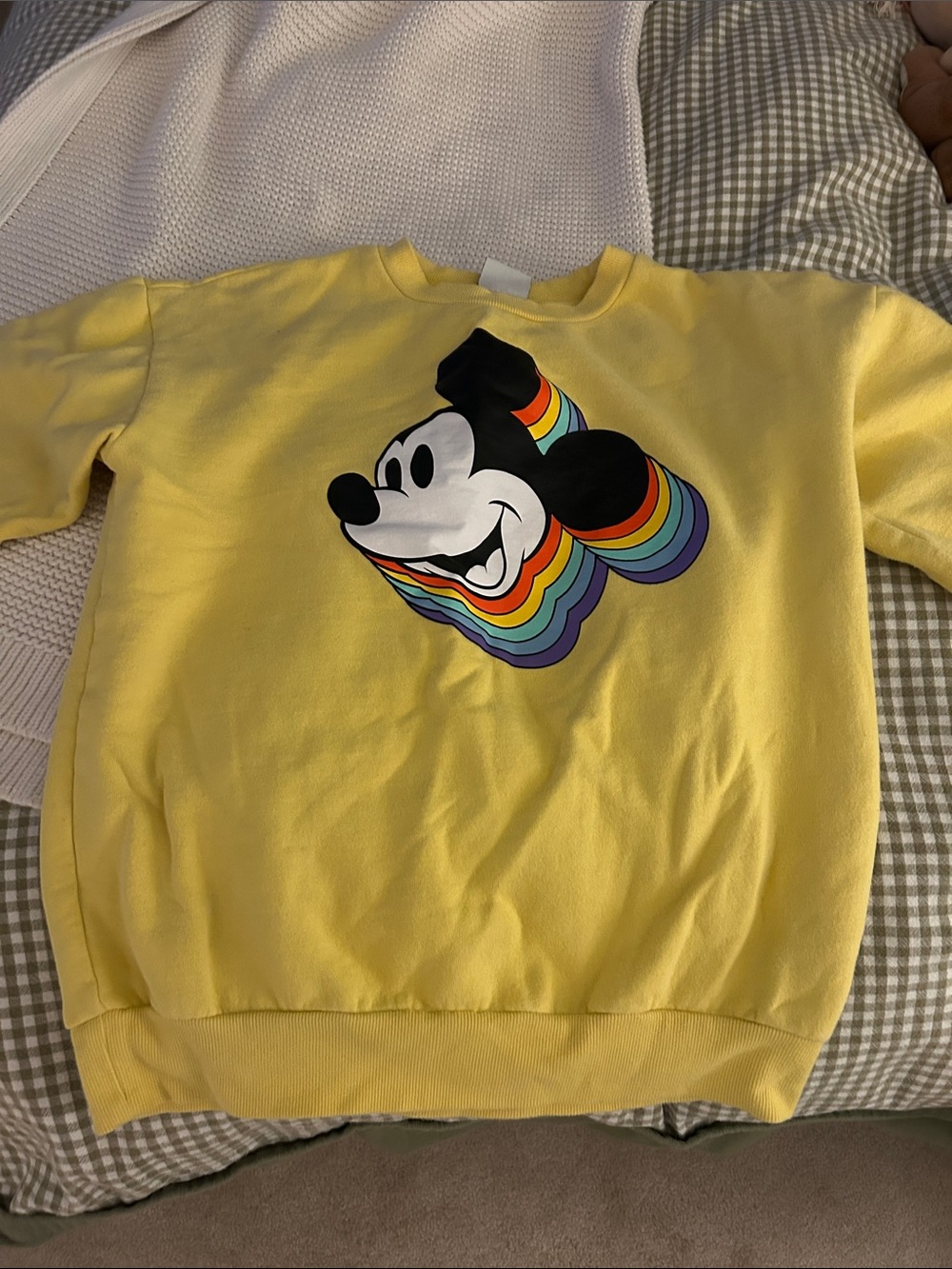 Disney Yellow Crewneck Sweatshirt with Rainbow Mickey Graphic